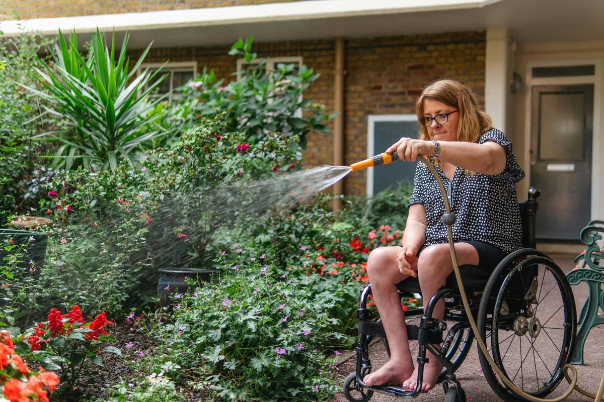 Side-by-side comparison: left shows loose gravel trapping wheelchair wheels; right shows smooth, wide concrete path with gentle slope and handrails